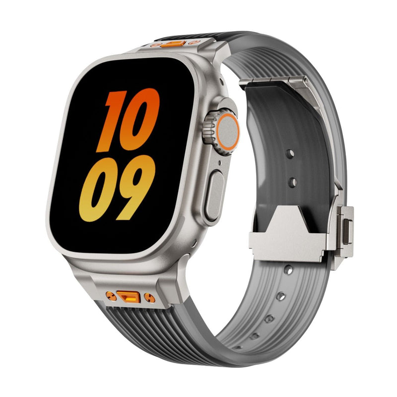 Bracelet silicone gris et noir ajustable Apple Watch, style sportif avec boucle métallique robuste.