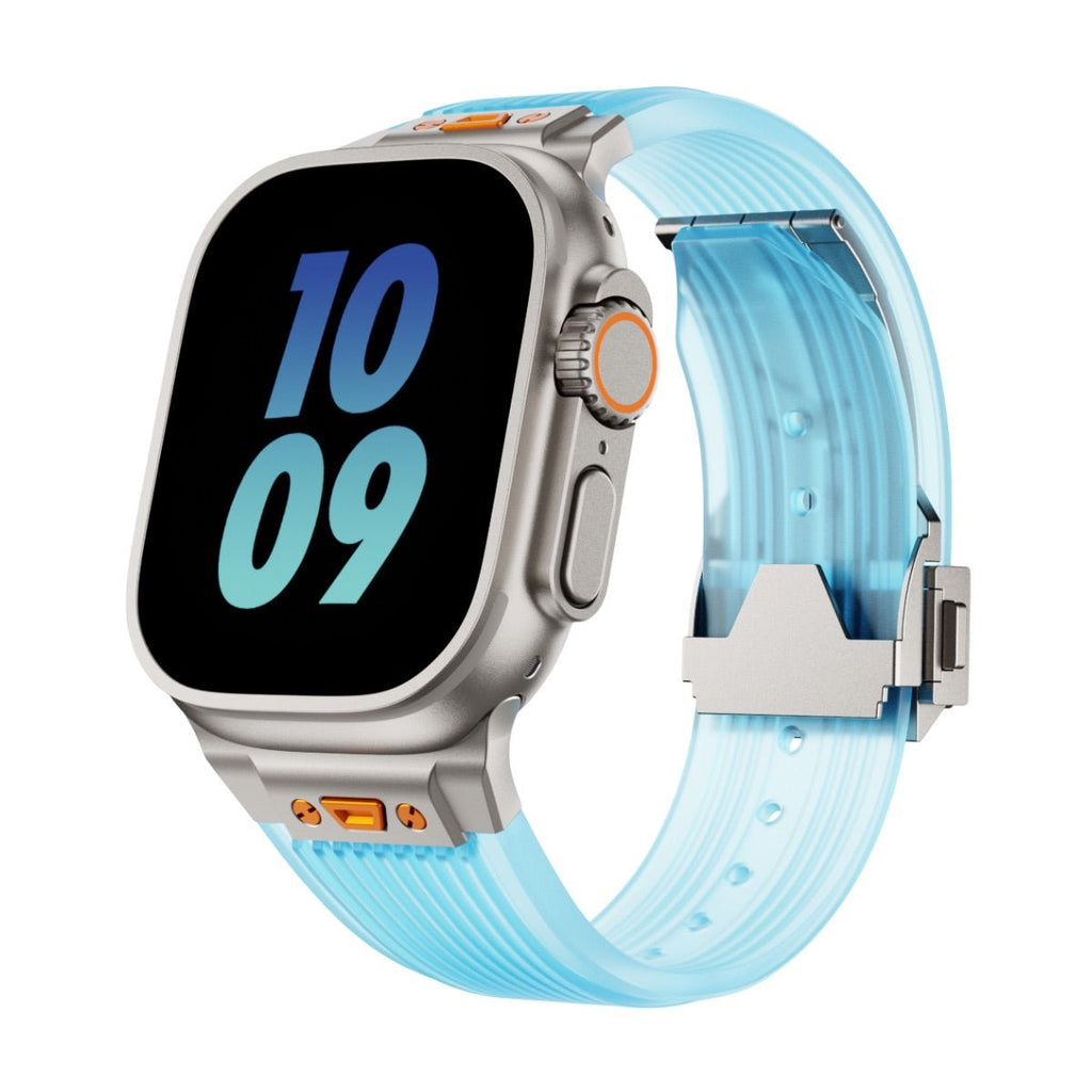 Bracelet silicone transparent bleu clair ajustable pour Apple Watch avec boucle argentée.