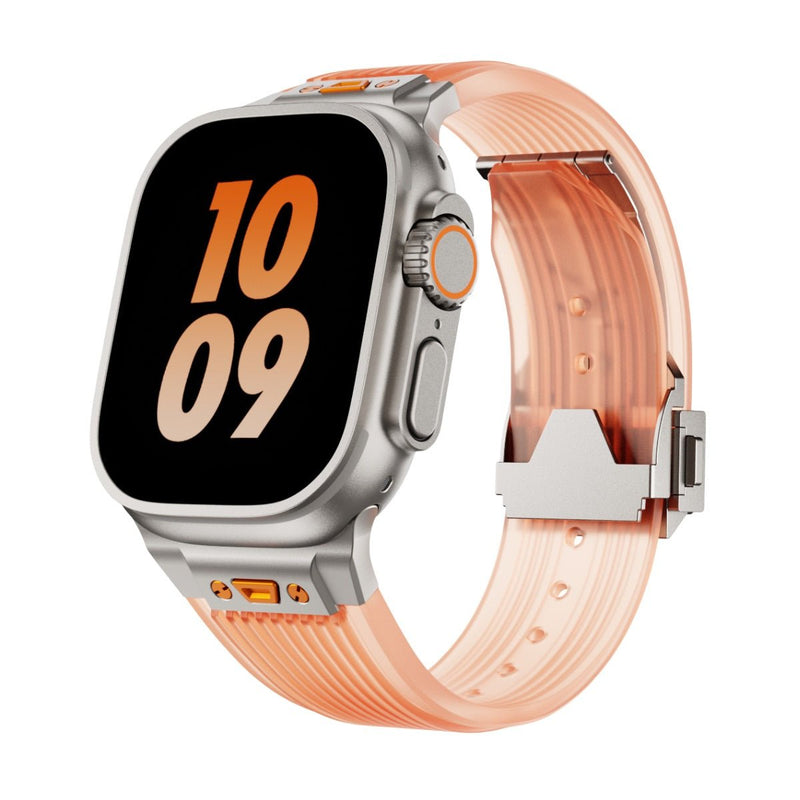 Bracelet en silicone transparent orange avec fermoir argenté pour Apple Watch.
