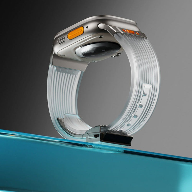 Bracelet transparent en silicone avec boucle noire, ajustable pour Apple Watch, résistant.