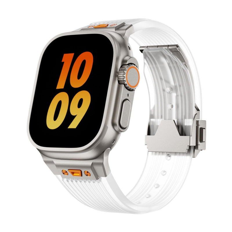 Bracelet en silicone transparent blanc avec boucle argentée pour Apple Watch, ajustable et résistant.