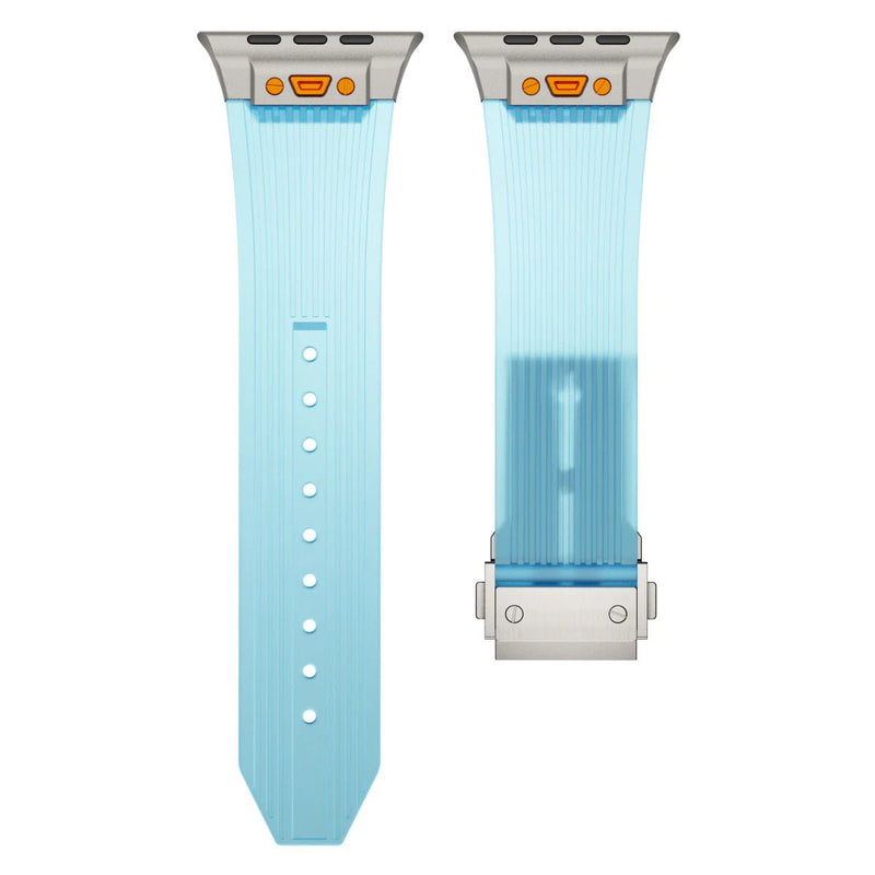 Bracelet silicone transparent bleu clair avec attaches argentées pour Apple Watch, ajustable.