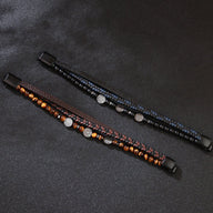 Bracelet multi-rangs en simili cuir marron avec pierres naturelles orange et breloques rondes argentées Bracelet multi-rangs