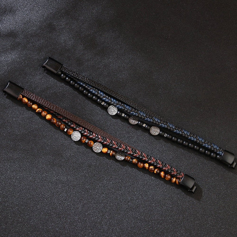 Bracelet multi-rangs en simili cuir marron avec pierres naturelles orange et breloques rondes argentées Bracelet multi-rangs