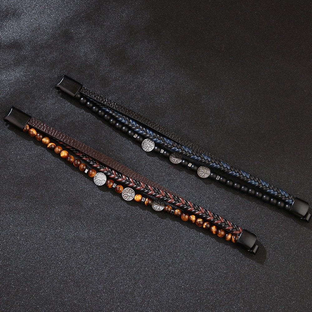 Bracelet multi-rangs en simili cuir marron avec pierres naturelles orange et breloques rondes argentées Bracelet multi-rangs