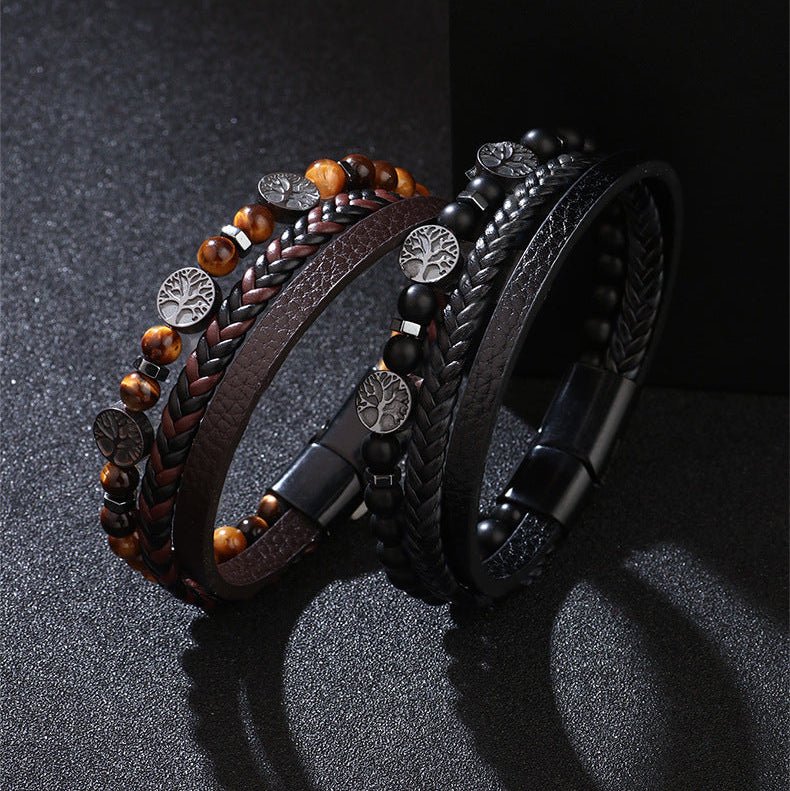 Bracelet multi-rangs en simili cuir tressé marron avec pierres naturelles œil de tigre et pendentif arbre de vie métallique.