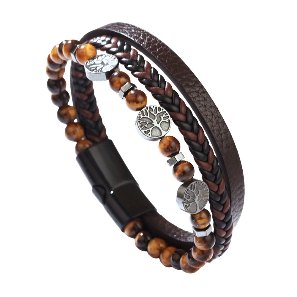 Bracelet masculin multi-rangs en simili cuir brun et perles marron, orné d'un arbre de vie argenté et d'un fermoir.