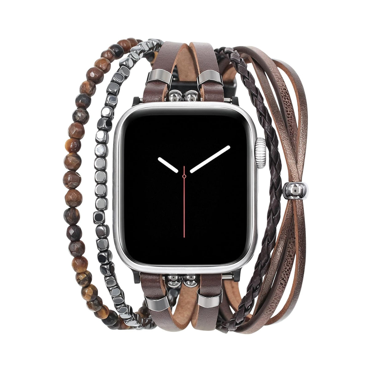 Bracelet en simili vegan pour Apple Watch, maillons ajustables à clipser, multi-rangs en pierres naturelles, oeil de tigre ou onyx, accessoire de poignet élégant, modèle Bazin