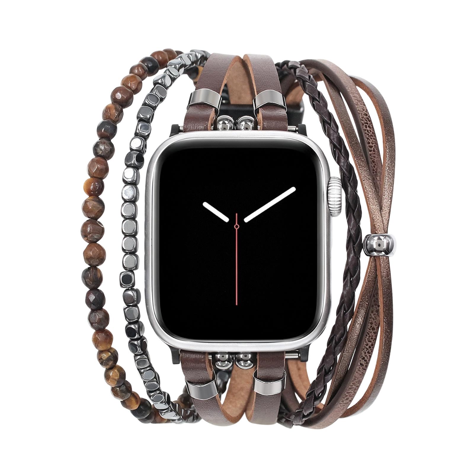 Bracciale in similpelle vegana per Apple Watch, maglie regolabili a clip, multi-filo con pietre naturali, occhio di tigre o onice, accessorio da polso elegante, modello Bazin