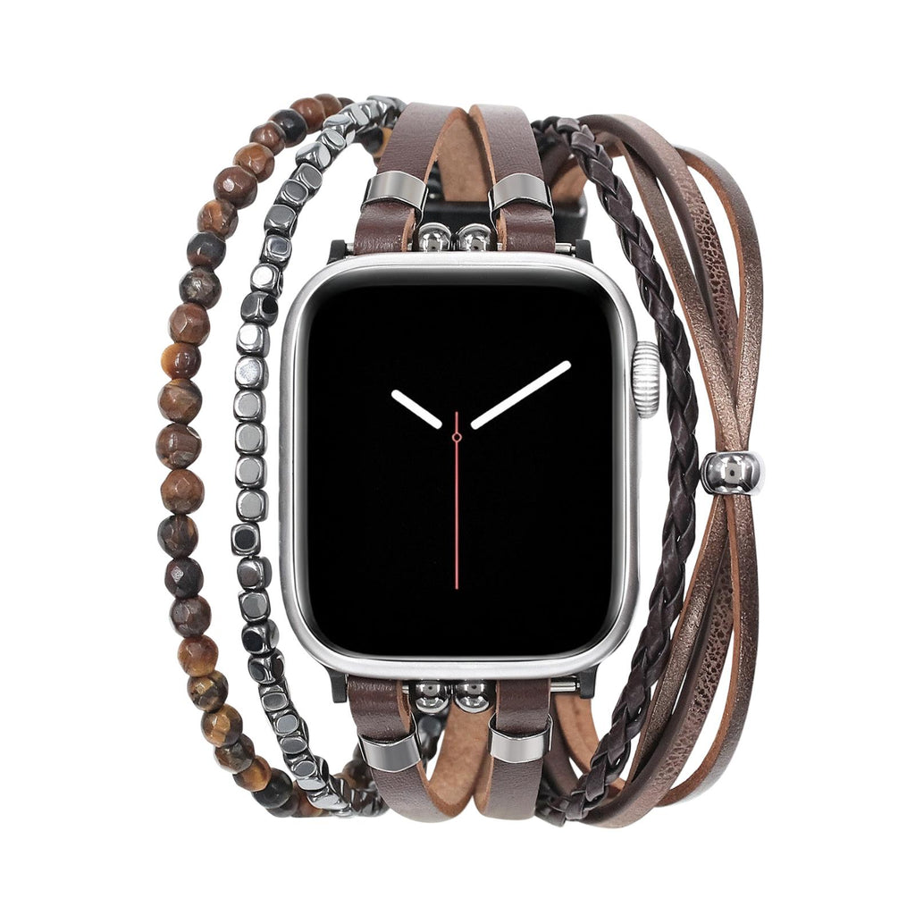 Bracciale in similpelle vegana per Apple Watch, maglie regolabili a clip, multi-filo con pietre naturali, occhio di tigre o onice, accessorio da polso elegante, modello Bazin