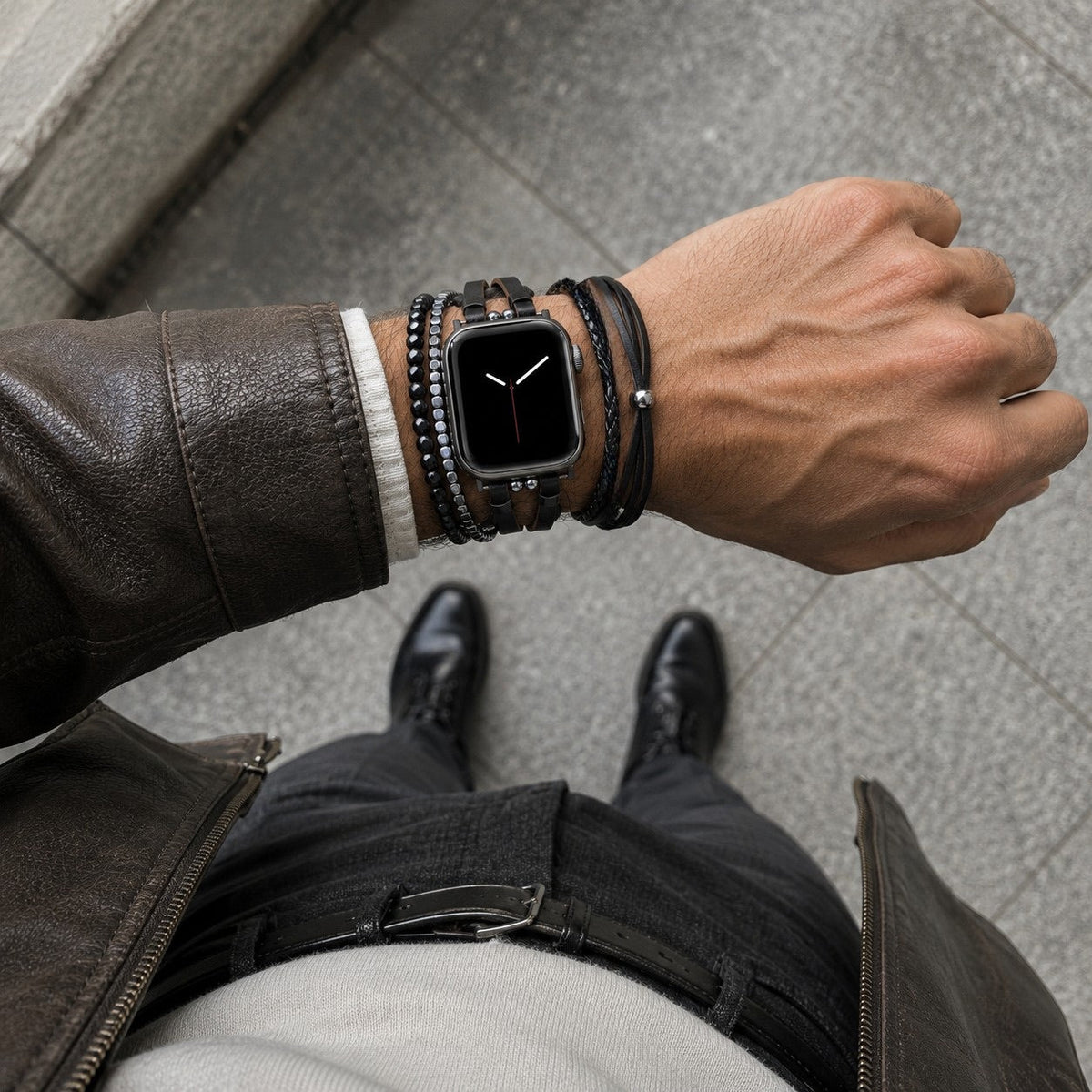 Bracelet en simili vegan pour Apple Watch, maillons ajustables à clipser, multi-rangs en pierres naturelles, oeil de tigre ou onyx, accessoire de poignet élégant, modèle Bazin
