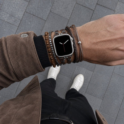 Bracelet en simili vegan pour Apple Watch, maillons ajustables à clipser, multi-rangs en pierres naturelles, oeil de tigre ou onyx, accessoire de poignet élégant, modèle Bazin