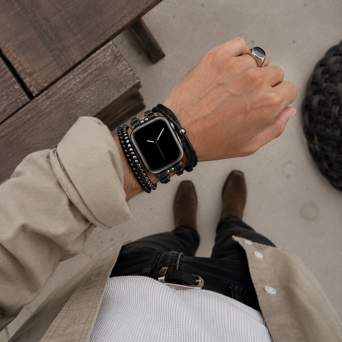 Bracelet en simili vegan pour Apple Watch, maillons ajustables à clipser, multi-rangs en pierres naturelles, oeil de tigre ou onyx, accessoire de poignet élégant, modèle Bazin