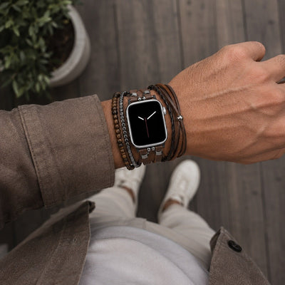 Bracelet en simili vegan pour Apple Watch, maillons ajustables à clipser, multi-rangs en pierres naturelles, oeil de tigre ou onyx, accessoire de poignet élégant, modèle Bazin