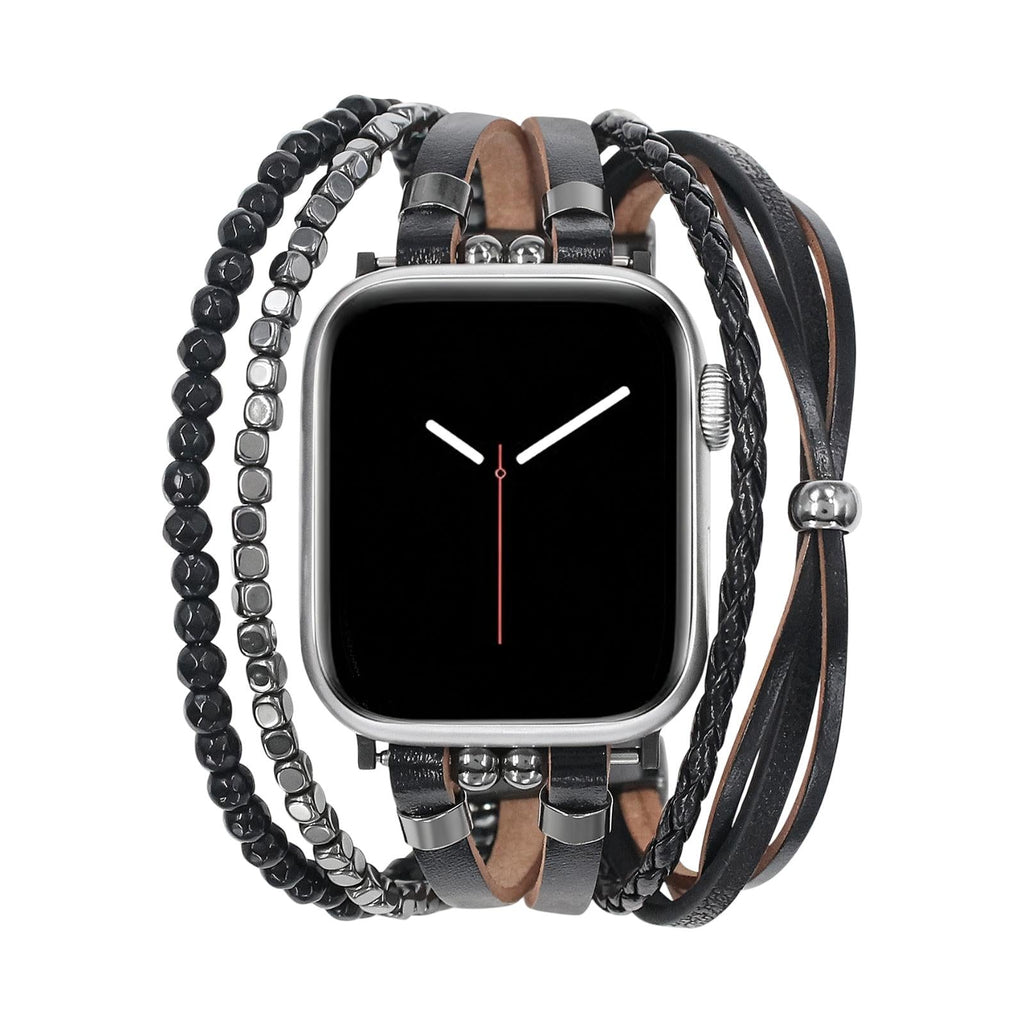 Bracciale in similpelle vegana per Apple Watch, maglie regolabili a clip, multi-filo con pietre naturali, occhio di tigre o onice, accessorio da polso elegante, modello Bazin