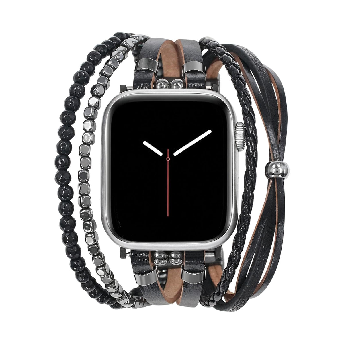 Bracelet en simili vegan pour Apple Watch, maillons ajustables à clipser, multi-rangs en pierres naturelles, oeil de tigre ou onyx, accessoire de poignet élégant, modèle Bazin