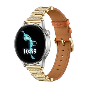 Bracelet doré en simili cuir vegan avec strass, compatible montre connectée, intérieur marron clair.