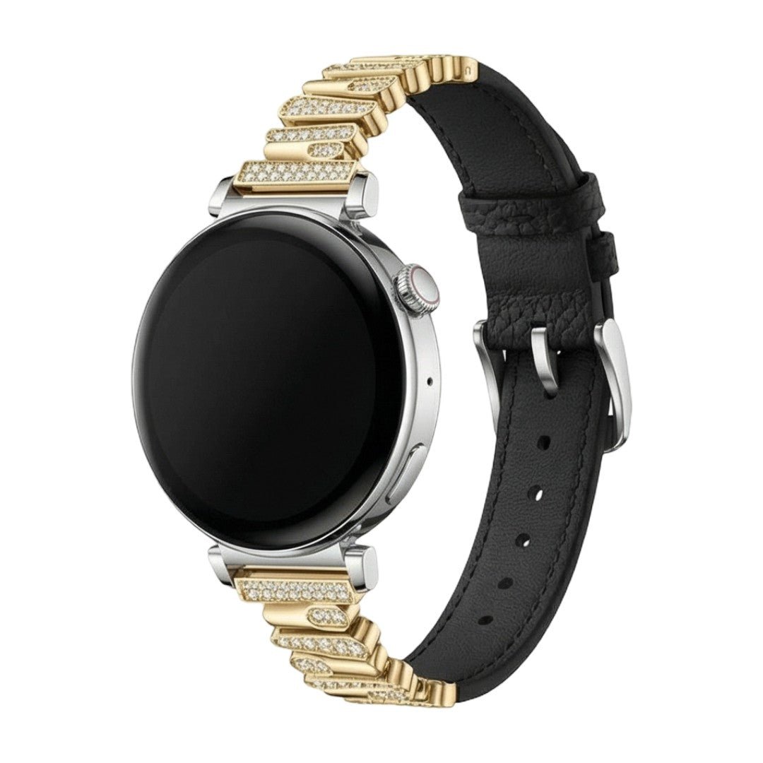 Bracelet montre connecté en simili cuir noir, boucle argentée, ornements dorés et strass élégants.