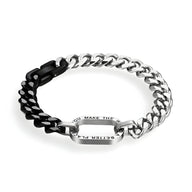 Bracelet en titane bi-colore argent et noir avec maillons larges et plaque gravée message bienveillant.