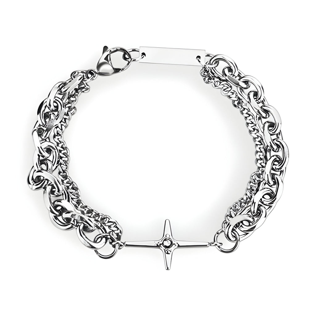 Bracelet homme titane argenté double maille épaisse avec croix centrale scintillante.