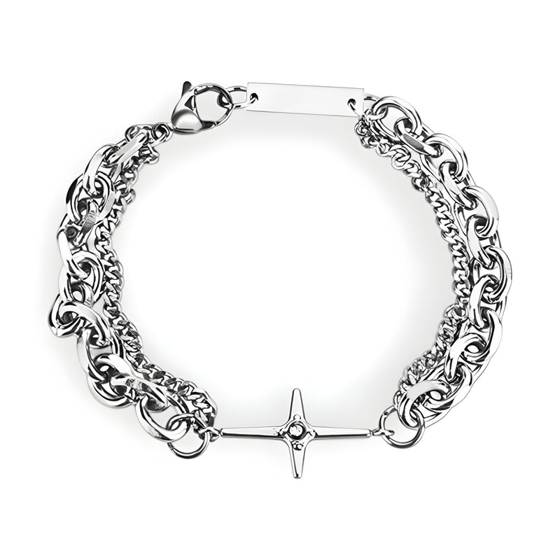 Bracelet homme titane argenté double maille épaisse avec croix centrale scintillante.