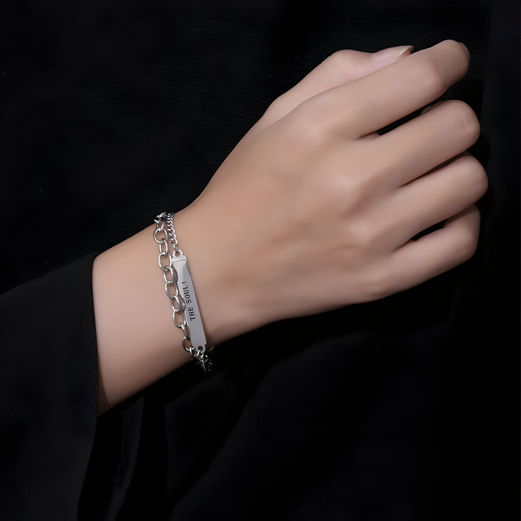 Bracelet homme en titane argenté, double maille gourmette élégante, modèle Robby, 19 cm.