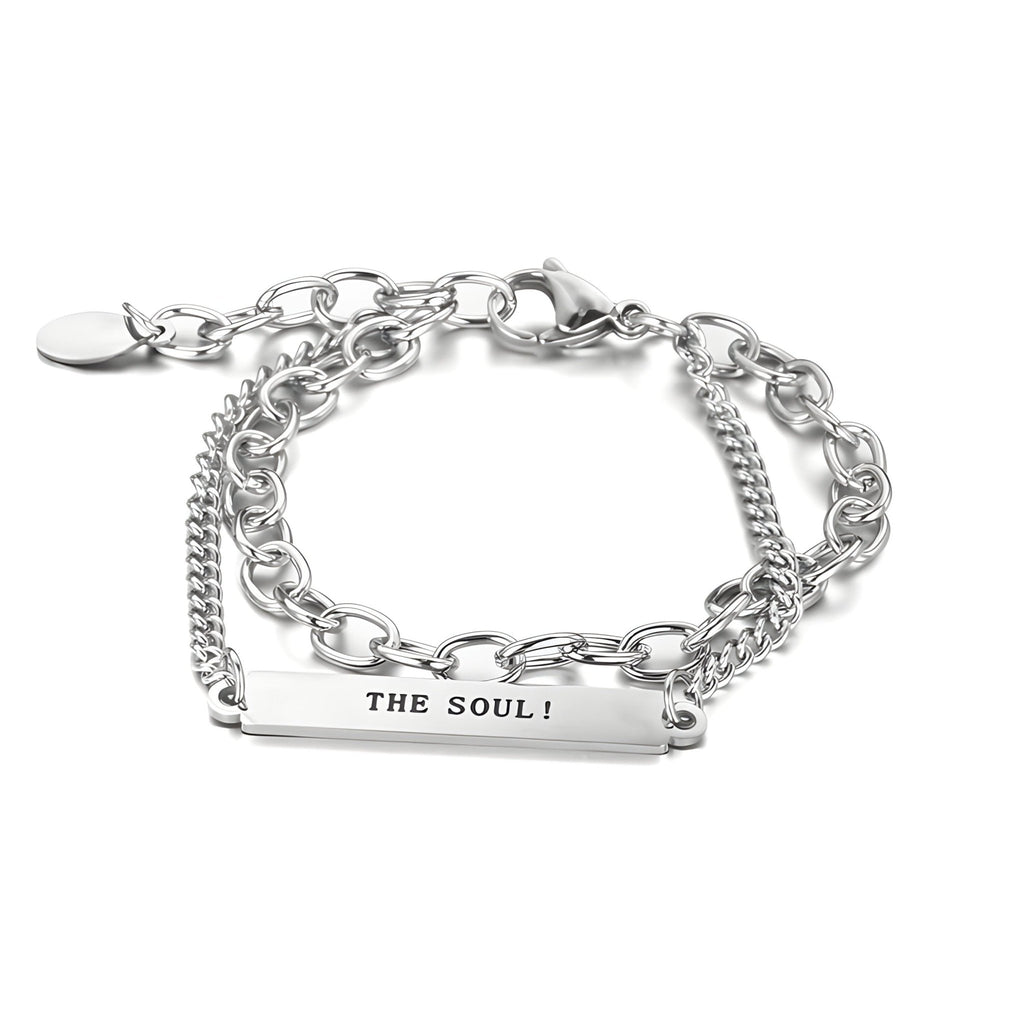 Bracelet homme en titane argenté double maille avec plaque gravée "THE SOUL !".
