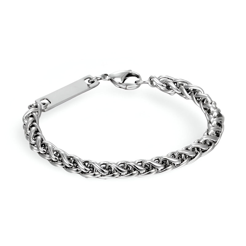 Bracelet gourmette en titane argenté maille spiga avec fermoir mousqueton et plaque lisse.