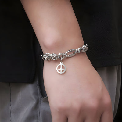 Bracelet homme en titane argenté maille byzantine avec pendentif symbole paix.