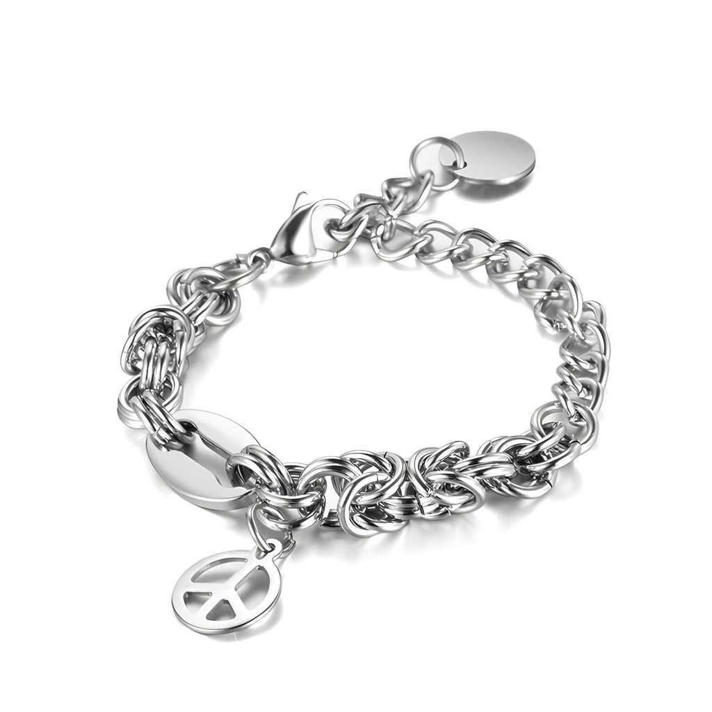 Bracelet homme titane maille byzantine argent avec pendentif peace and love et fermoir mousqueton.