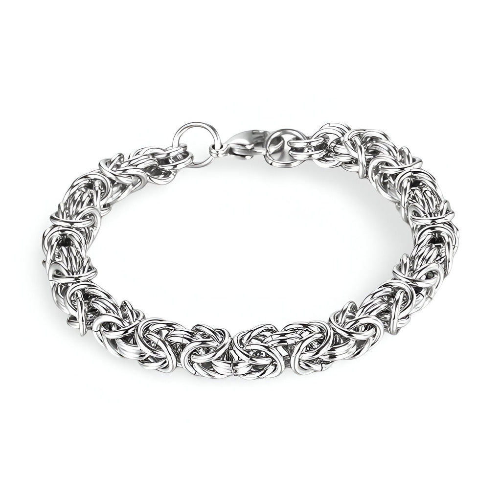 Bracelet homme en titane argenté avec maille byzantine épaisse et fermoir mousqueton robuste.