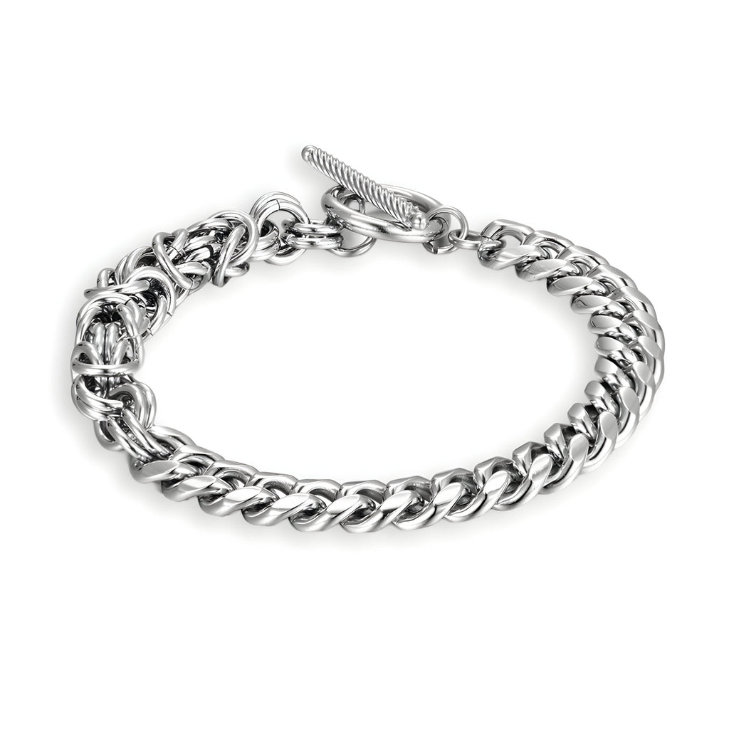 Bracelet homme en titane argenté avec maille cubaine entremêlée et fermoir bascule robuste.