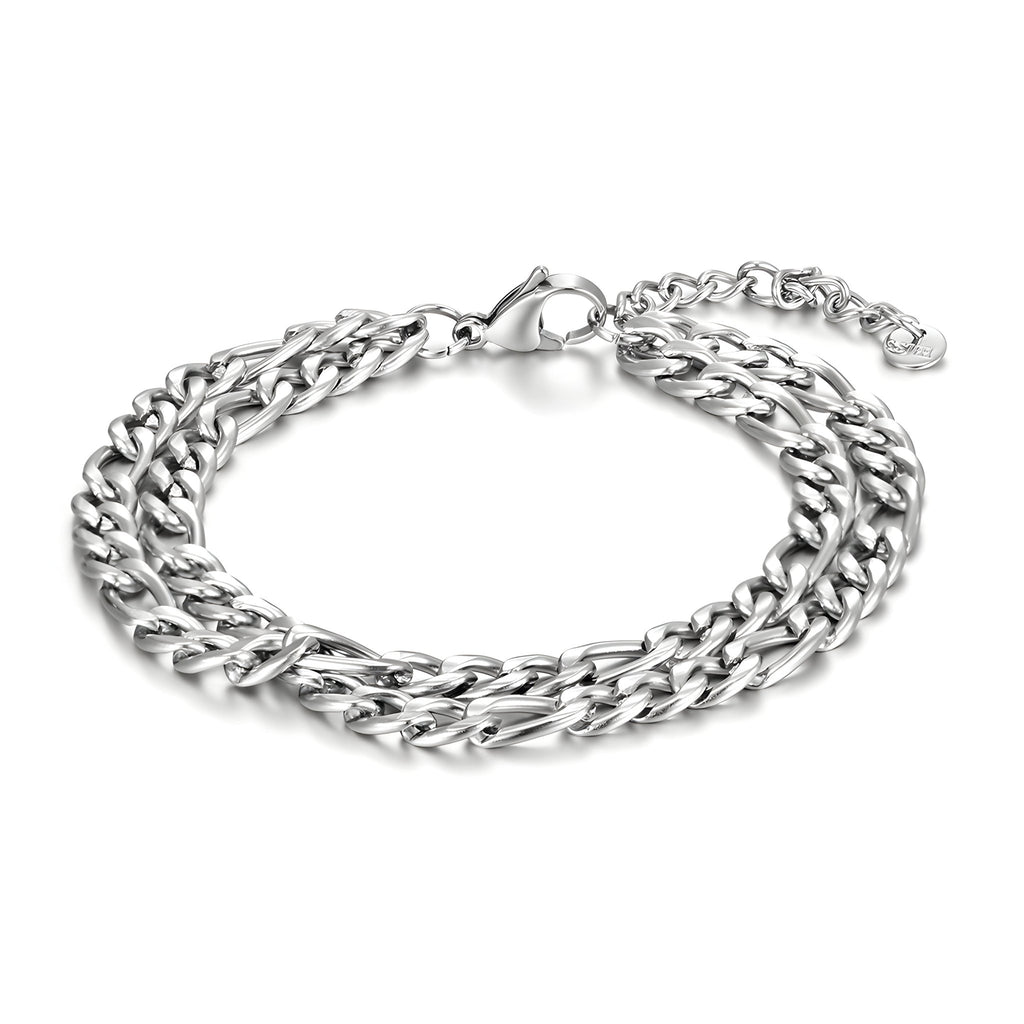 Bracelet en titane argenté à maille figaro double, fermoir mousqueton, style masculin.