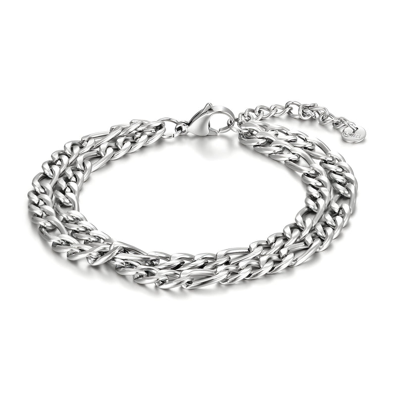 Bracelet en titane argenté à maille figaro double, fermoir mousqueton, style masculin.
