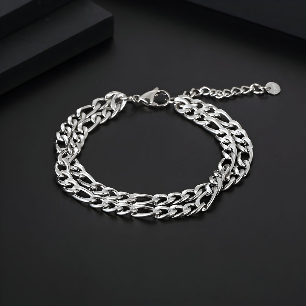 Bracelet homme en titane argenté avec double maille figaro et fermoir mousqueton.