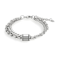 Bracelet en titane argenté pour homme, double chaîne maille forçat et cubaine avec design capsule cylindrique central.