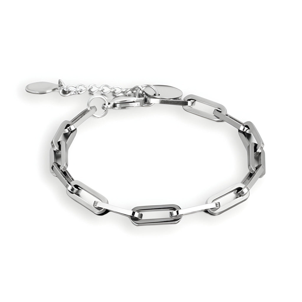 Bracelet homme en titane argenté à maille forçat allongée avec fermoir et chaîne de réglage.
