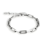 Bracelet homme en titane argenté à maille forçat allongée avec fermoir et chaîne de réglage.
