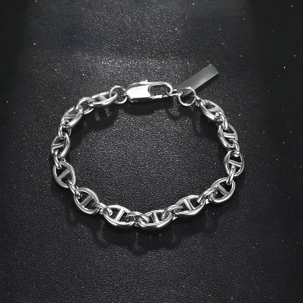 Bracelet en titane argenté à maille marine avec fermoir mousqueton masculin, modèle Tod.