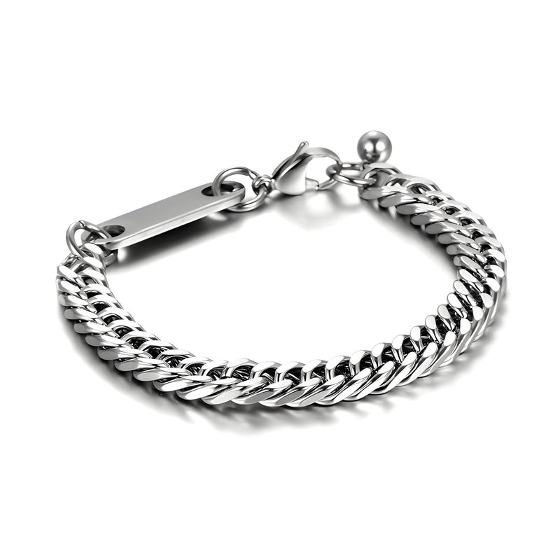 Bracelet mixte en titane argenté avec maille spiga et plaque personnalisable, fermeture lobster.