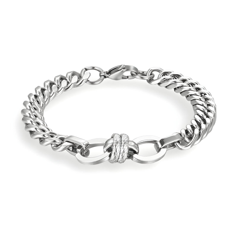 Bracelet homme en titane argenté, maille spiga épaisse avec nœud décoratif central.