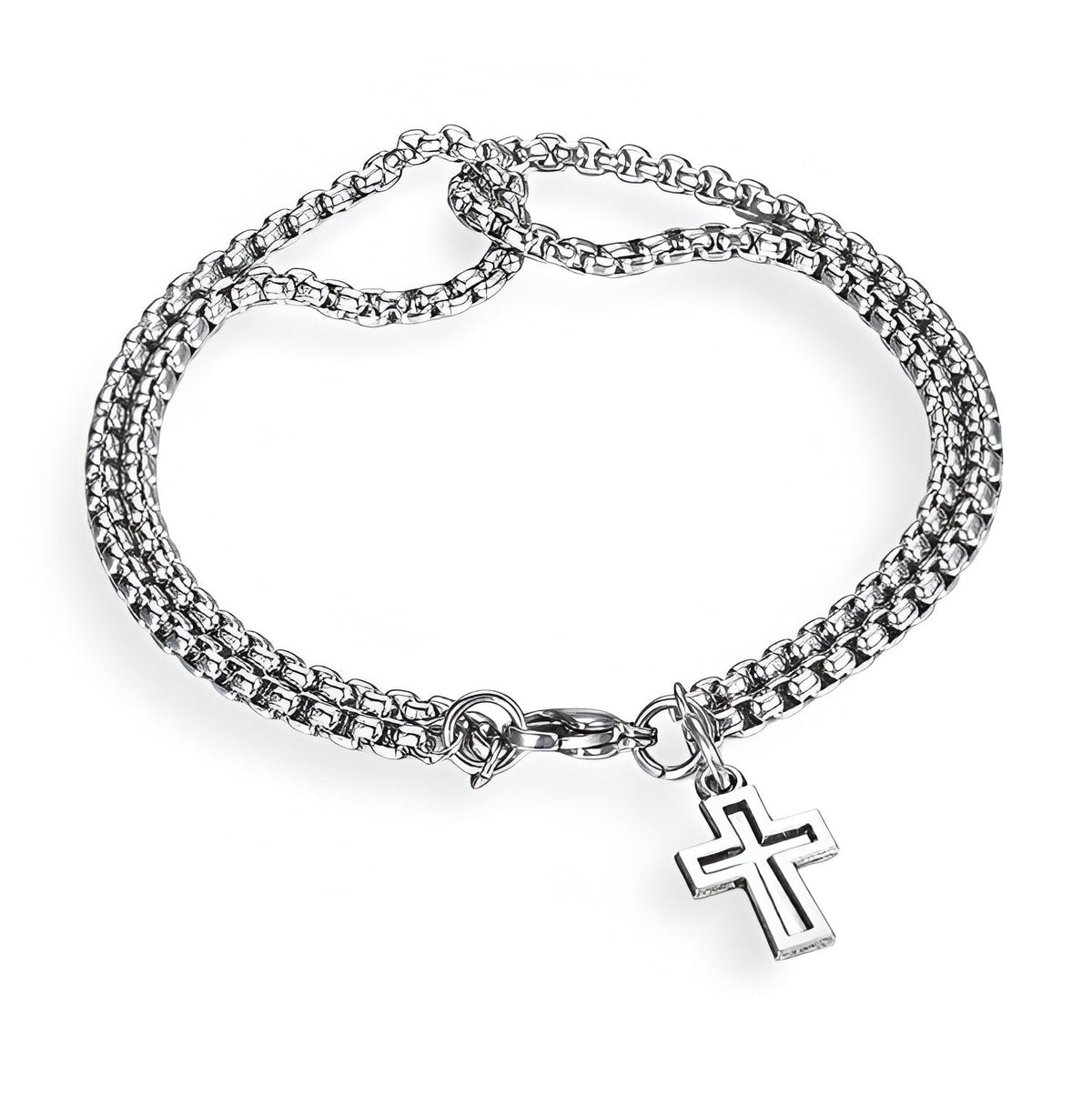 Bracelet en titane argenté à maille vénitienne avec pendentif croix chrétienne pour homme.