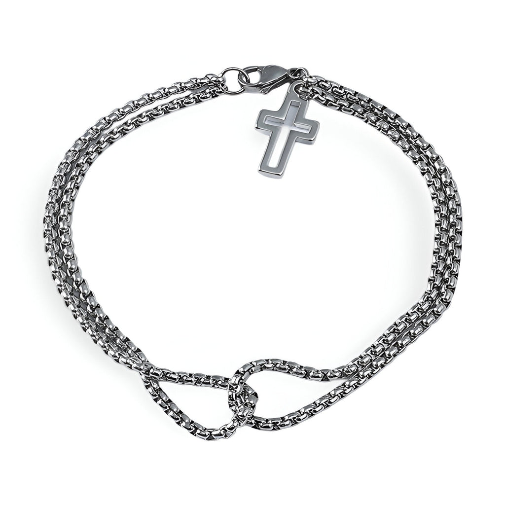 Bracelet homme en titane argenté avec maille vénitienne et pendentif croix chrétienne.