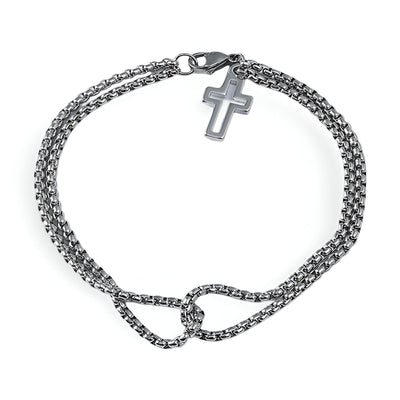 Bracelet homme en titane argenté avec maille vénitienne et pendentif croix chrétienne.