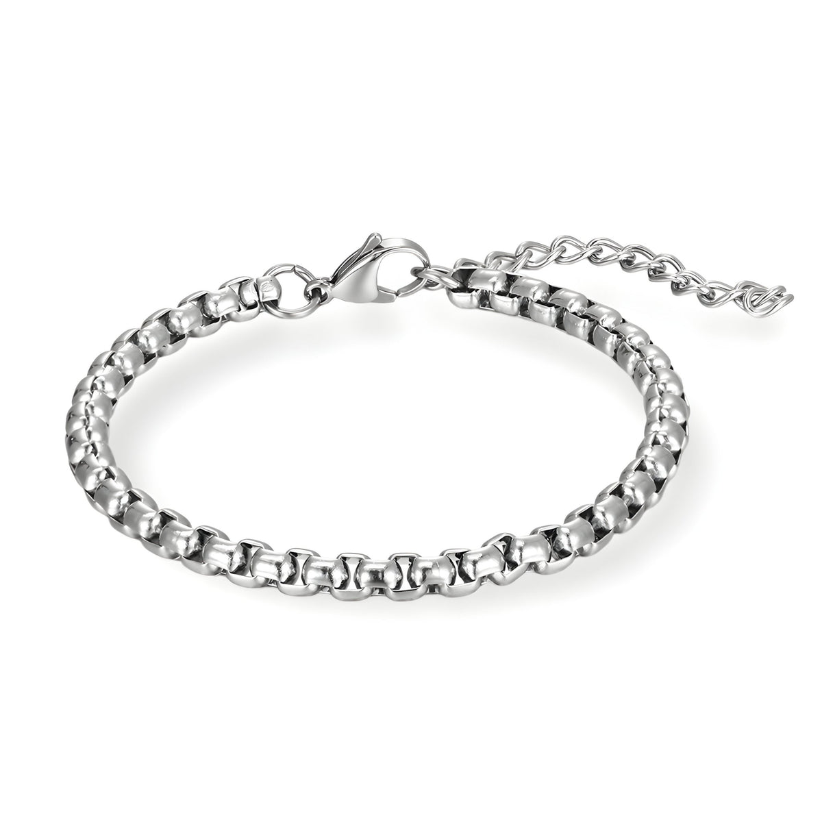 Bracelet homme en titane argenté à maille vénitienne avec fermoir mousqueton et chaînette ajustable.
