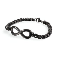 Bracelet en titane noir avec motif infini et maillons épais, fermeture sécurisée.