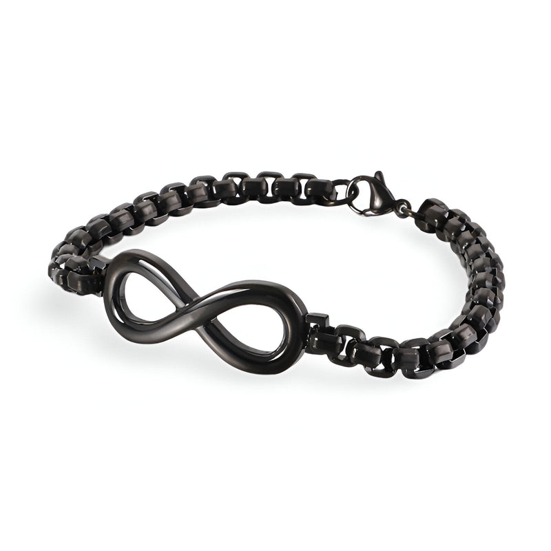Bracelet en titane noir avec motif infini et maillons épais, fermeture sécurisée.