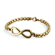 Bracelet en titane doré avec motif infini poli et chaîne à maillons carrés robustes.