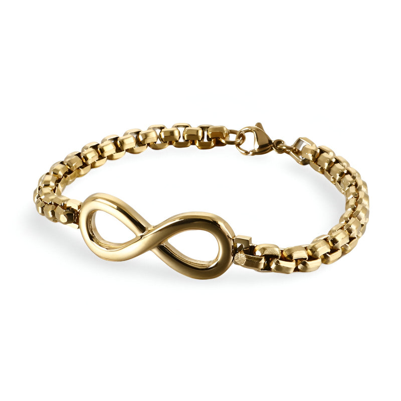 Bracelet en titane doré avec motif infini poli et chaîne à maillons carrés robustes.
