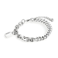 Bracelet homme en titane argenté avec chaîne épaisse et plaque gravée, fermoir à clip.